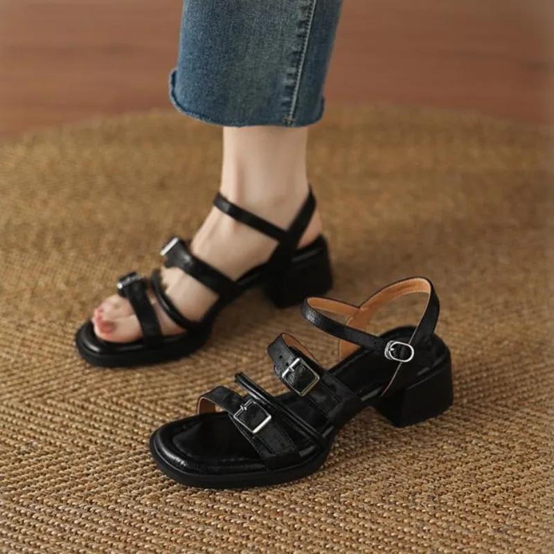 Fashion Shoes Cswo01 Women's Sandals Split Leather Shoes Round Toe Sandals For Belt Buckle Chunky Heel Sandal Shoes Cm