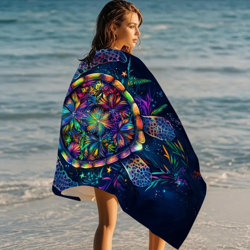 Ultra-Fine Fiber Beach Bath Towel Quick-Dry Sea Turtle Starfish Design Dark Blue Soft Lightweight for S Pool Vacation Ocean