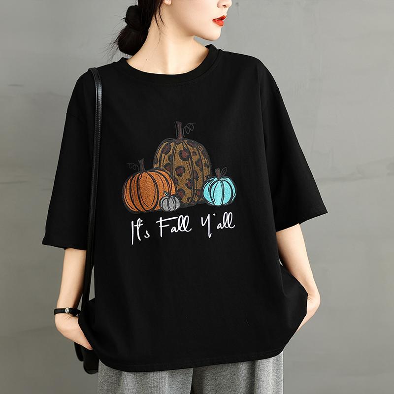 

DIMANAF 2025 Женская новая летняя свободная футболка с принтом больших размеров с короткими рукавами из хлопка в винтажном стиле, футболки макси One Size чёрный