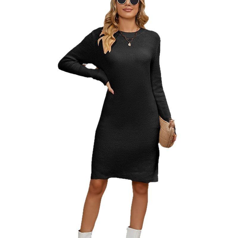 Autumn and winter new sweater women's solid color sexy slim-fitting round neck hip skirt medium and long knitted dress