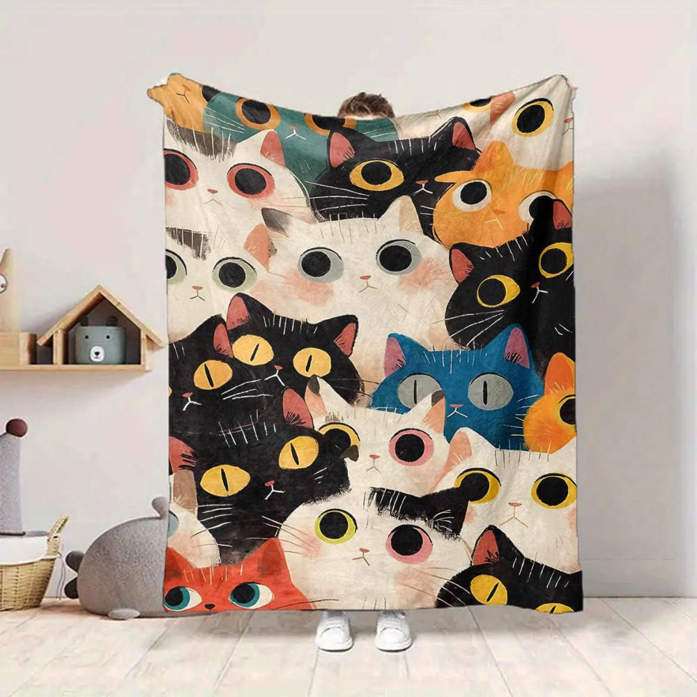 1pc Cat Pattern Print Blanket - Lightweight Flannel Throw Blanket For Sofa, Bed, Living Room, Office, Outdoor Travel, Camping, Soft All-Season Throw