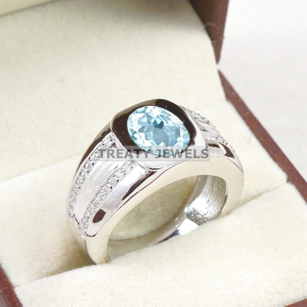 Aquamarine Oval Cut Gemstone With 925 Sterling Silver Ring For Men's #A766 JL375659116595