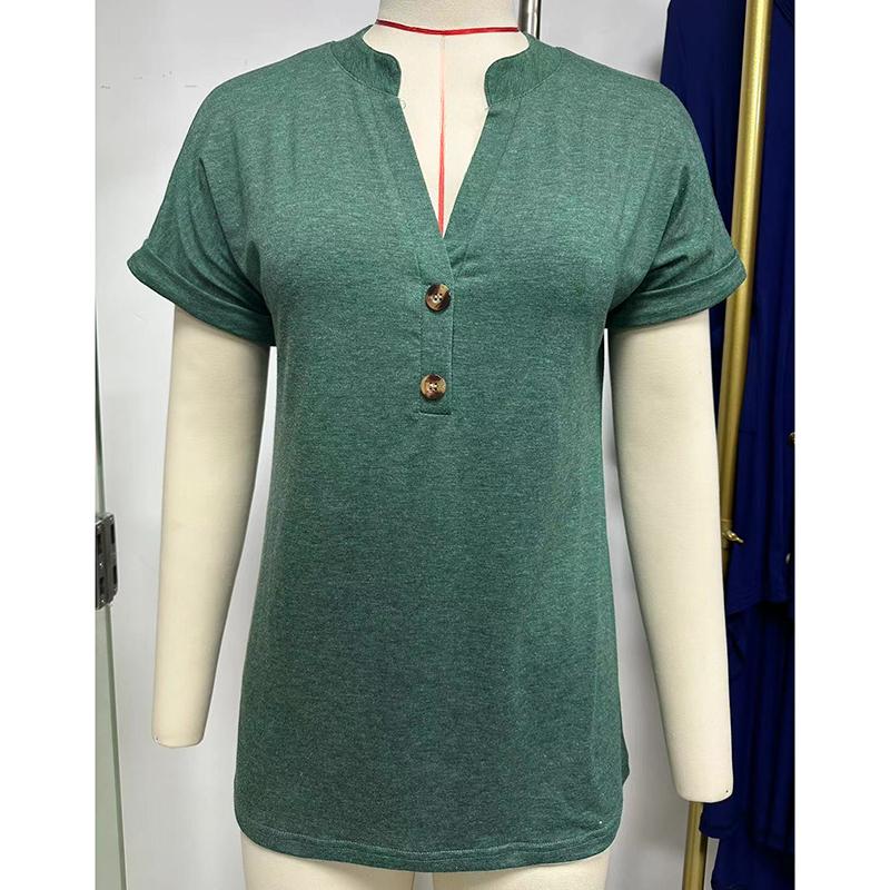 Summer New Solid V-neck Button Loose Casual Blouses Women Elegant Fashion Short Sleeve Women's Shirt Tops Simple Vintage Slim Fit Ladies Blouse 26538