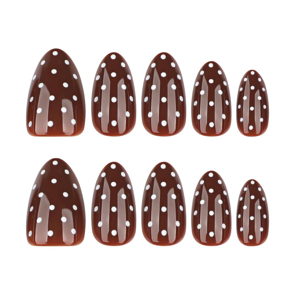 Brown Autumn/Winter White Polka Dot Almond-Shape Wearable Nails - Hot Selling Nail Art Tips