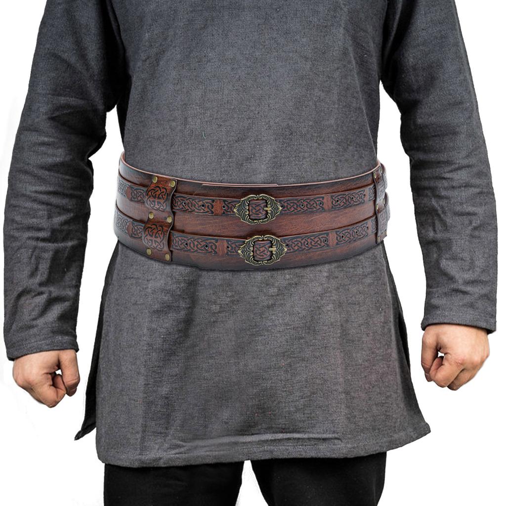 Embossed PU Leather Belt Renassance Medieval Buckle Belt Viking Wide Belt Norse Cosplay Belt Halloween Men Costume