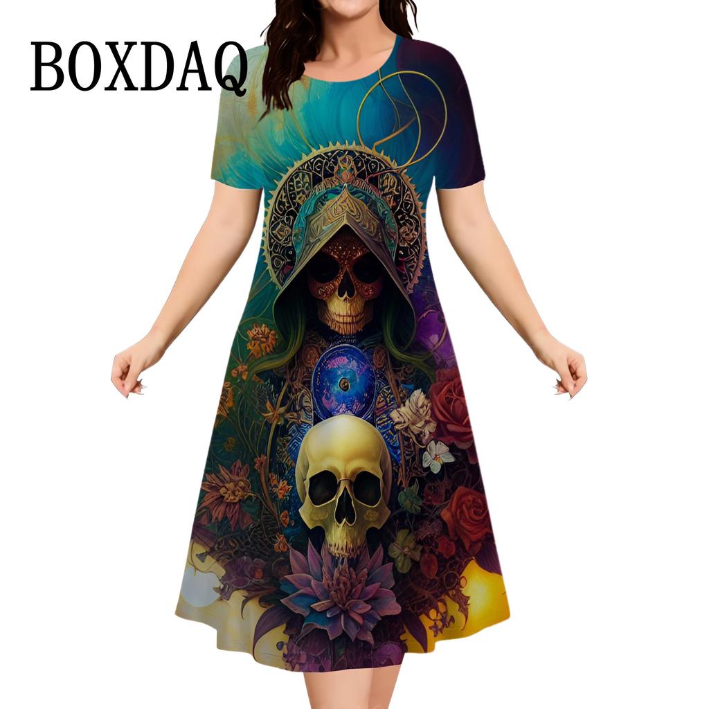 Vintage Skull Women Dress Fashion O-Neck Casual Short Sleeve Dress Summer Female Harajuku Punk Streetwear Clothing