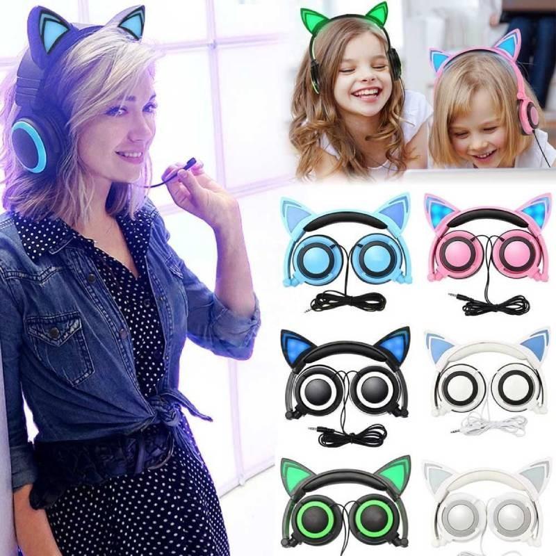 Foldable Headphones Cat Ear Led Music Lights Gaming Headset Stereo Super Bass