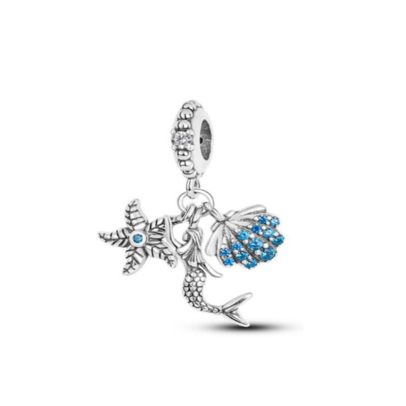 New Blue Fish Dangle Dolphin Whale Shell Starfish Squid Ocean Charm Copperbead Fit Original Bracelet Diy Jewelry