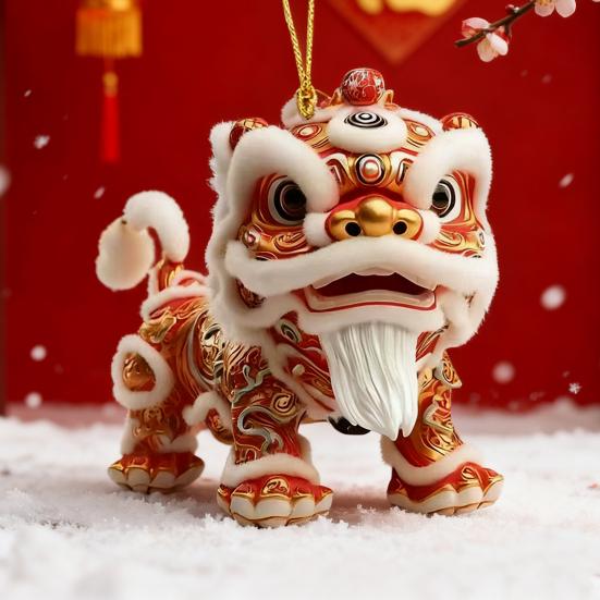 Car Pendant with Metal Chain Lion Dance Design Plush Fabric Car Charm Keychain Bag Accessory Good Fortune Decoration