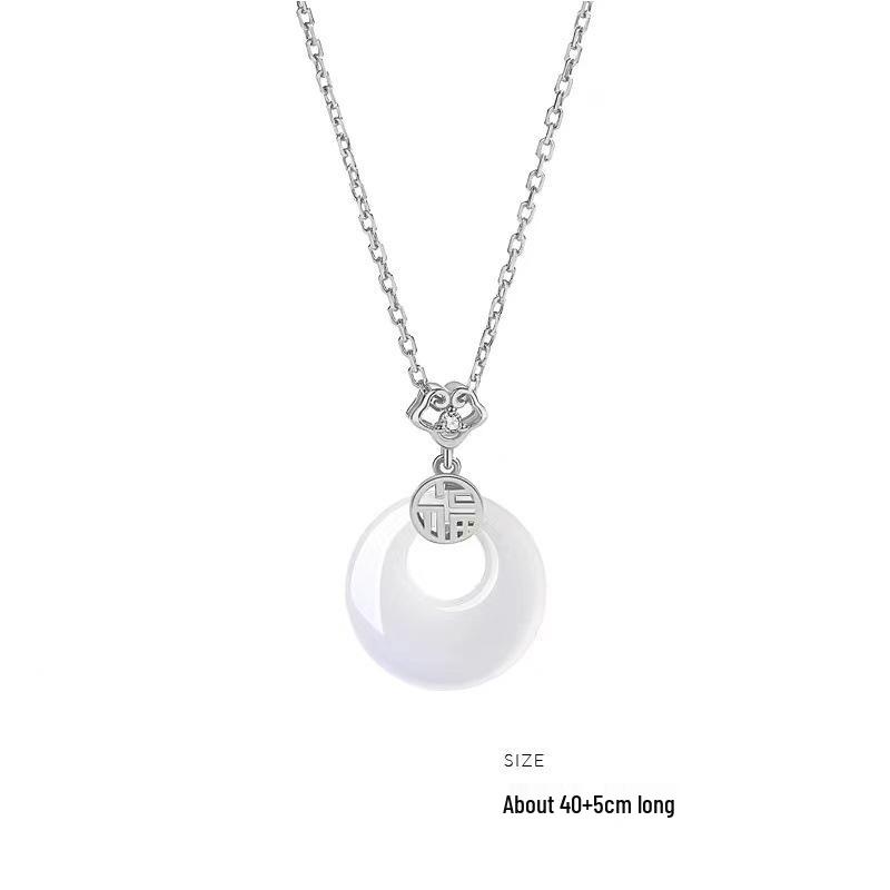 925 Sterling Silver Fu Character White Chalcedony Lychee Jelly Necklace for Women - Trendy Korean Style Clavicle Chain