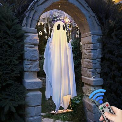 5 FT Hanging Swing Ghost Halloween Decoration LED Lighted Outdoor Large White Ghost Swinging Halloween Decor for Yard Tree Front Porch