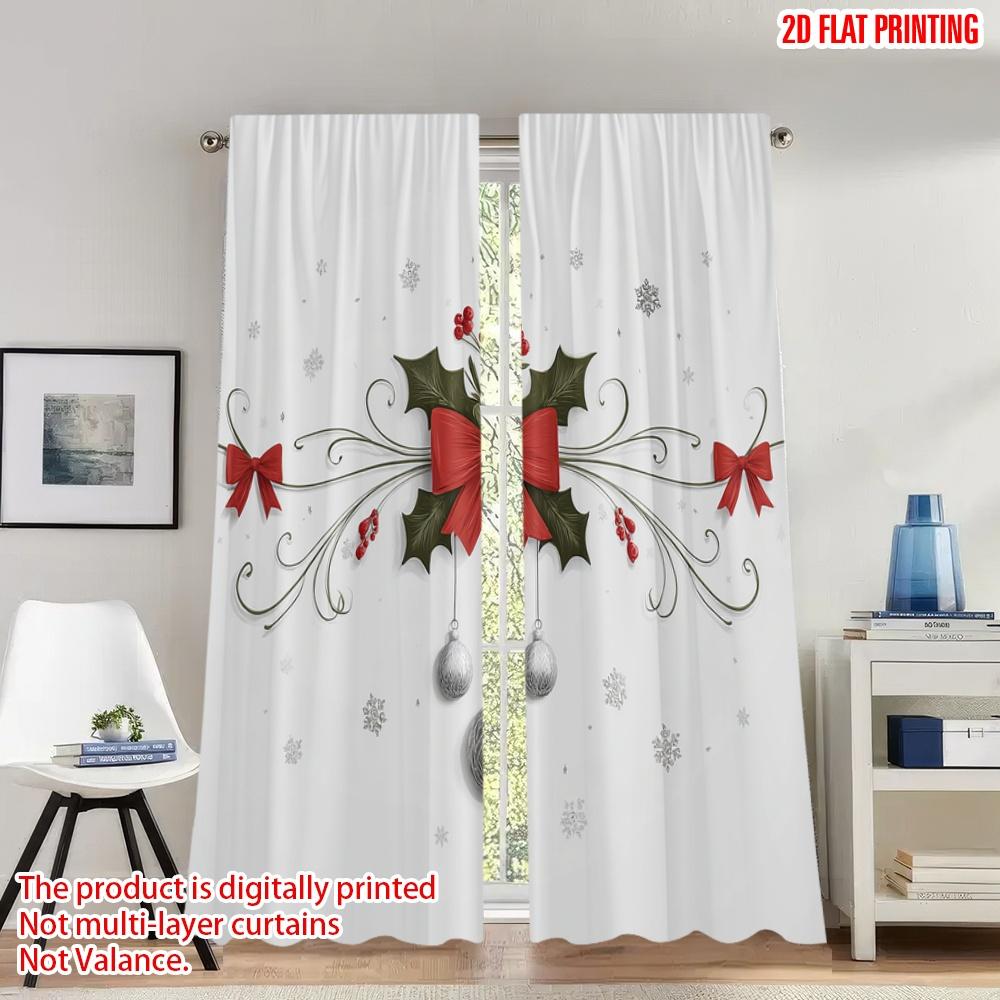 

2pcs 2D flat printing High-Quality Christmas Curtains Christmas Holly Bow Ornament_a Digital Printed Polyester Drapes Festive 100*130 Rod Pocket 1pcs