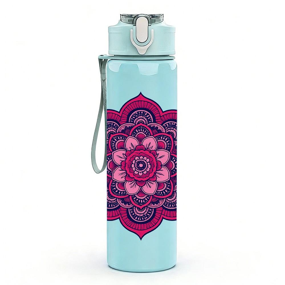 1PC Purple Mandala Flower Art 750ml Color Plastic Sports Water Bottle Leakproof Flip Straw Lid Suitable for Sports Office Home Use