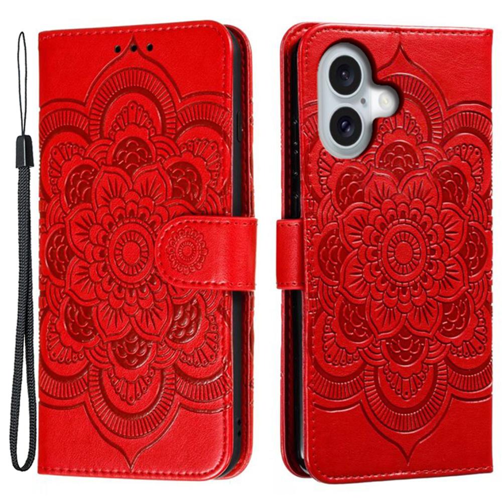 

For iPhone 16 Case PU Leather Mandala Imprinted Design Wallet Phone Cover Red