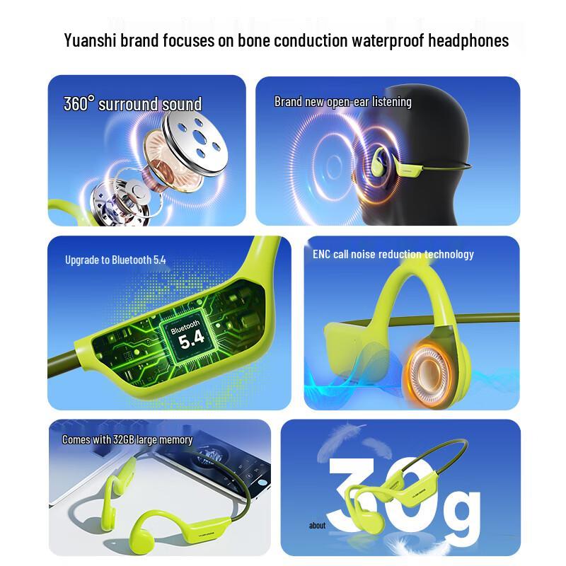 YuanShi IPX8 Waterproof Bone Conduction Sports Headphones with 32GB MP3