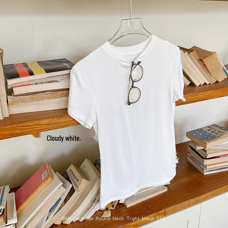 Modal Short Sleeve Crew Neck Women's Slimming Versatile T-Shirt - Nude Feeling, Straight Shoulder, Comfortable Fit