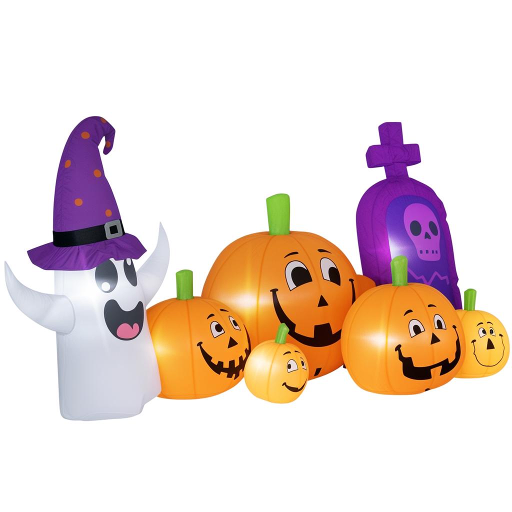 Inflatable Halloween Pumpkin with Ghost Tombstone with LED Lights IP44 and Inflator for Parties 240x130x130 cm Multicolor