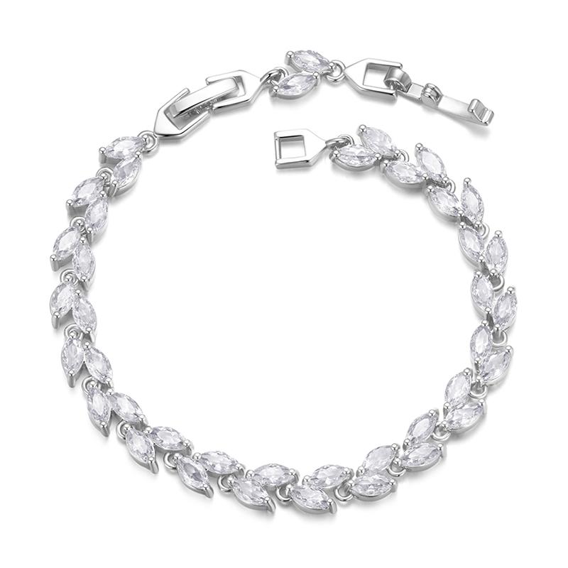BAMOER White Gold Plated Sparkling Cubic Zirconia Classic Olive Leaf Bracelet, Gold Bracelets for Women Fashion Jewelry YIB069 20cm
