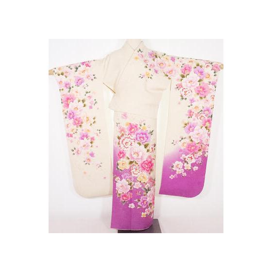 

[One-of-a-kind item] Long-sleeved kimono, pure silk, cream, purple, peony, cherry blossom ki25910, beautiful item, kimono, LL