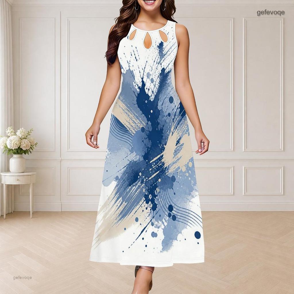 Women Plus Size Round Neck Triple Keyhole Cutout Sleeveless Printed Blue Beige White Long Maxi Dress