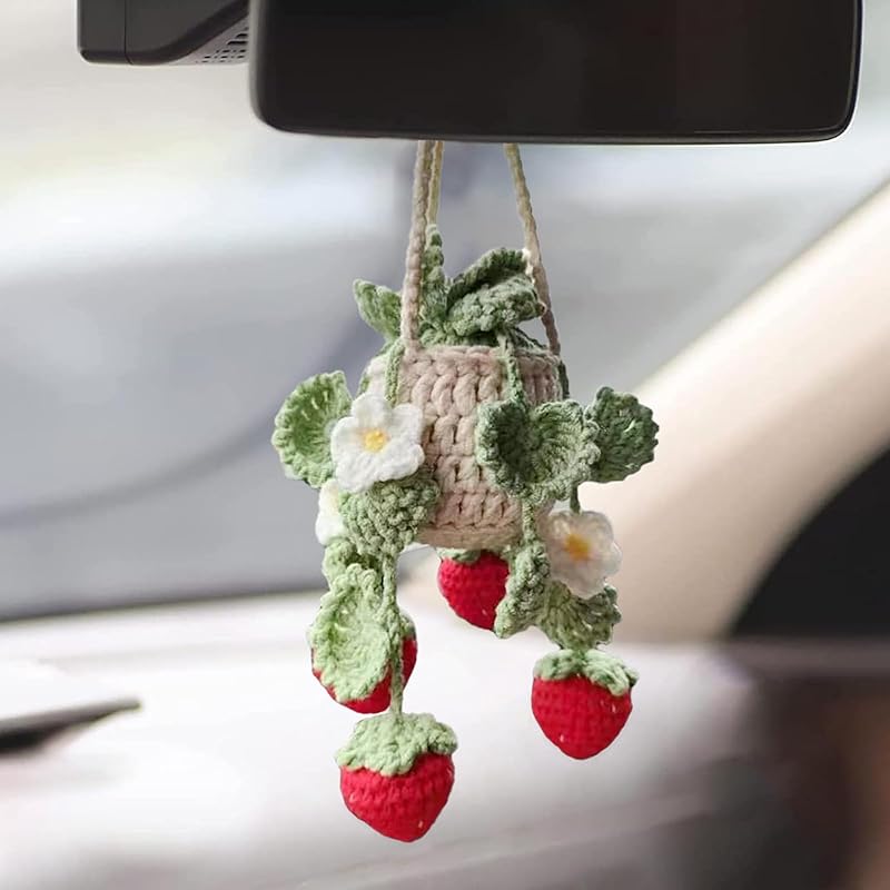 Cute Crochet Plant for Rear View Mirror, Boho Handmade Car Mirror Hanging Accessory for Women & Girls, Green Interior Aesthetic Decor Truck Hanger