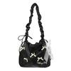 New Solid Color PU Bow Youth Women's Shoulder Bag Cute Drawstring Fixed Strap Tote Bags Hot Sale Sweet Lace Pleated Underarm Bag