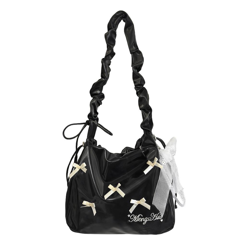 New Solid Color PU Bow Youth Women's Shoulder Bag Cute Drawstring Fixed Strap Tote Bags Hot Sale Sweet Lace Pleated Underarm Bag