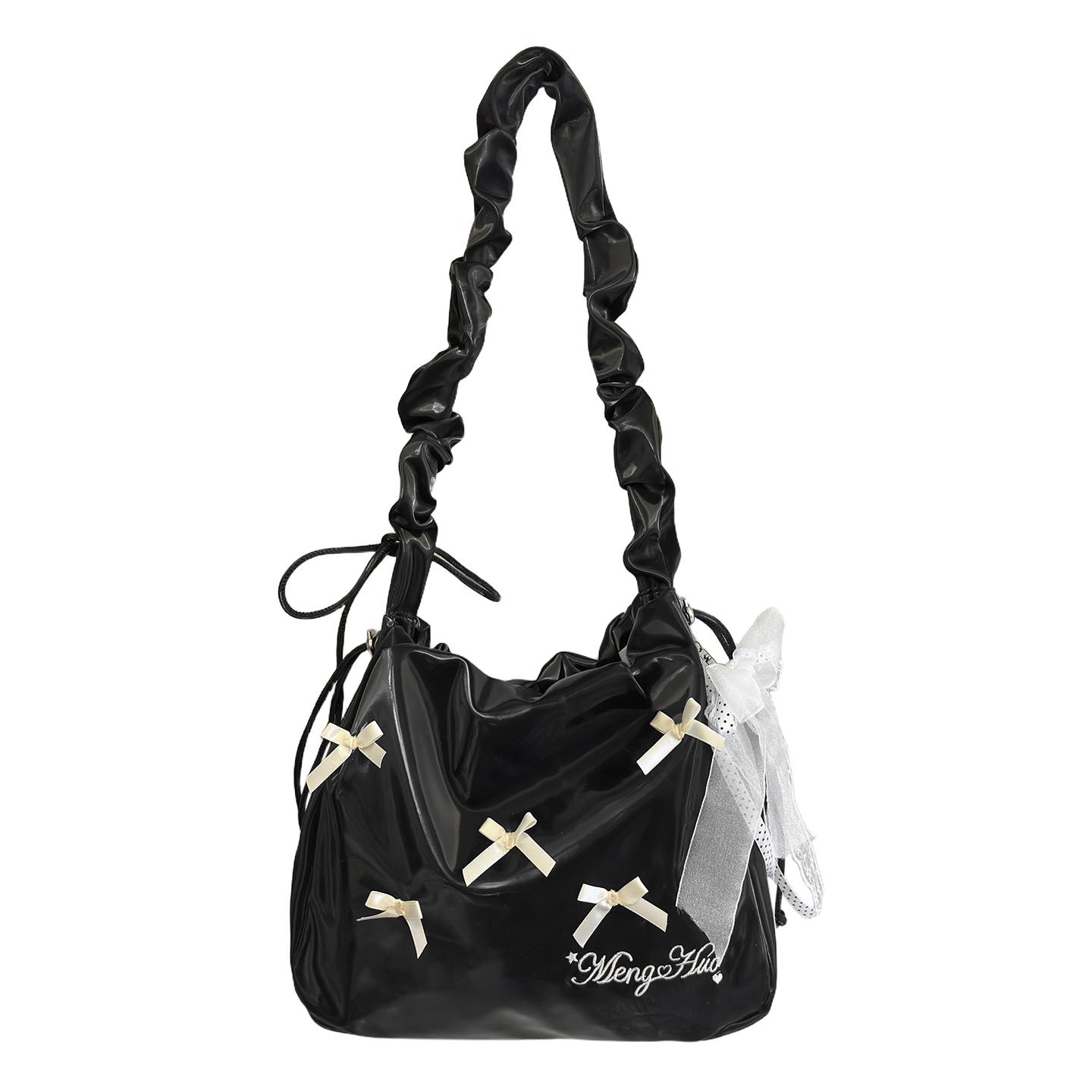 

New Solid Color PU Bow Youth Women s Shoulder Bag Cute Drawstring Fixed Strap Tote Bags Hot Sale Sweet Lace Pleated Underarm Bag чёрный