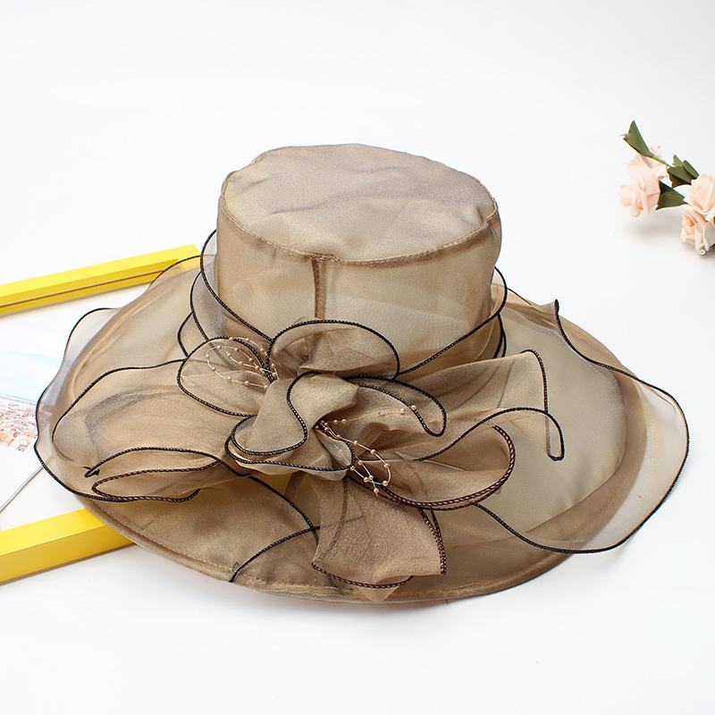 Hat Female Summer Vintage British Style Organza Flower Vacation Big Eaves Beach Sunscreen Flat Top Sun Hat