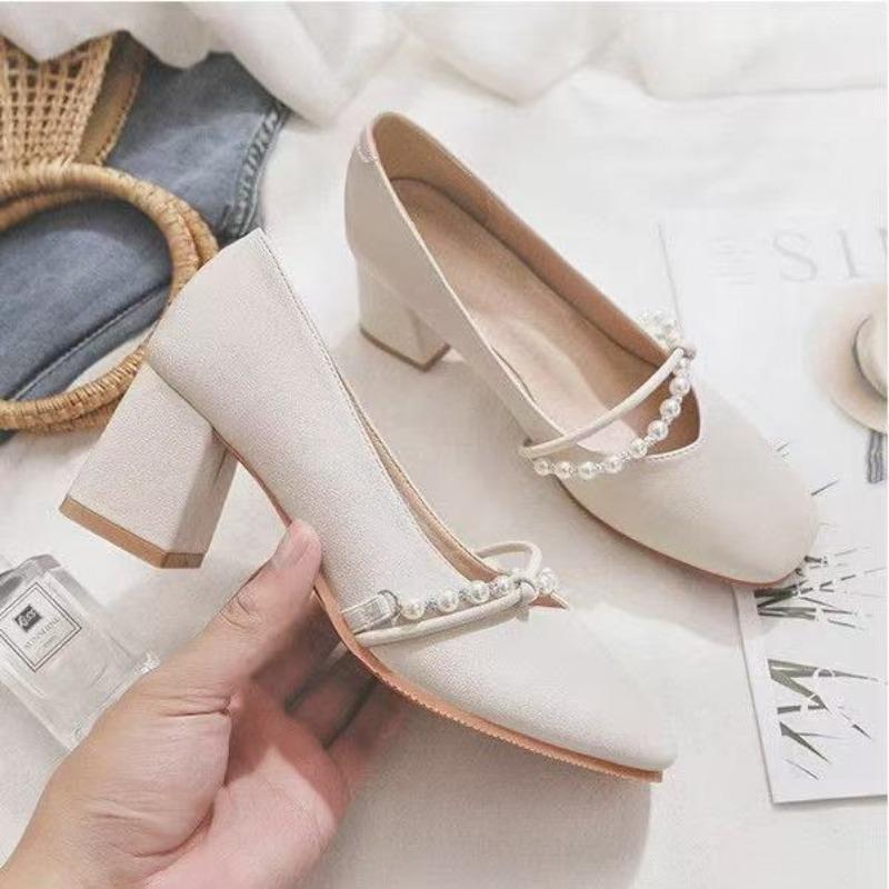 Autumn High Temperament New Mary Jane Shoes Pearl Square Head High Heels Women's Thick Heel Single Shoes
