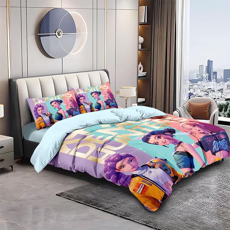 K-Pop Bedding Set Demon Hunters Themed Pink Or Black Other Side Print Polyester Student Dormitory Duvet Cover Boys Girls Gift