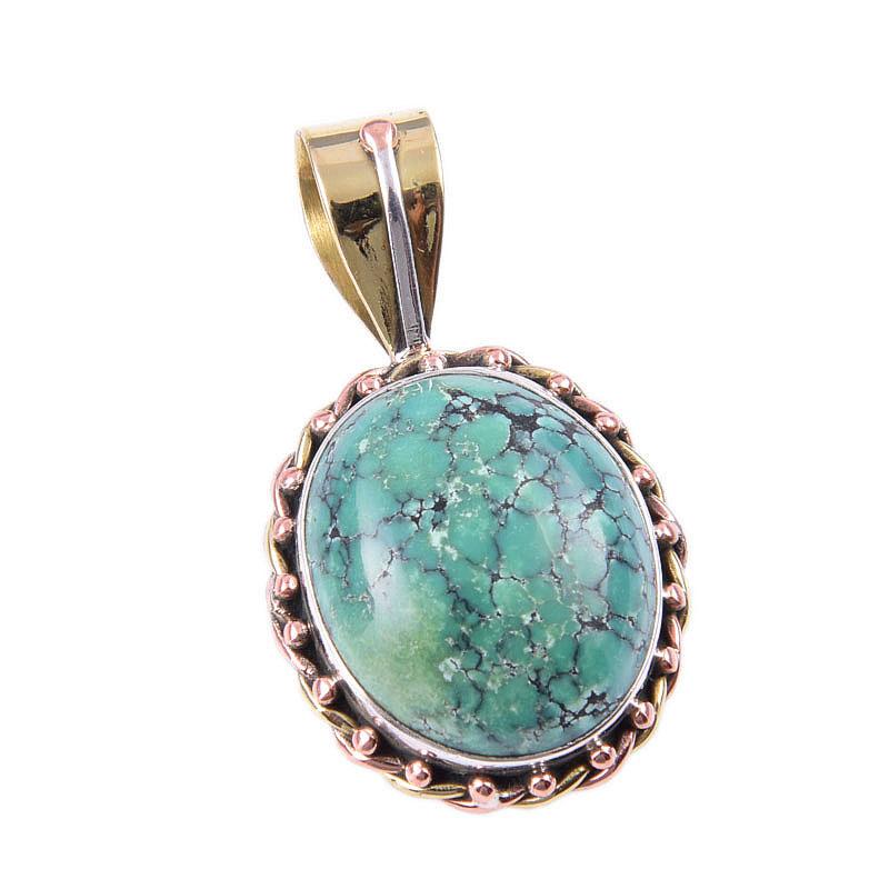 Natural Tibetan Turquoise Gemstone 925 Solid Silver Two Tone Pendant 1.25'' B5e93