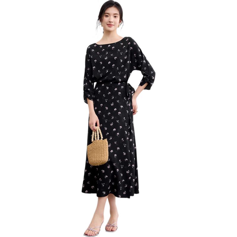 Women's Elegant Floral Nine-Sleeve Midi Tea Dress
