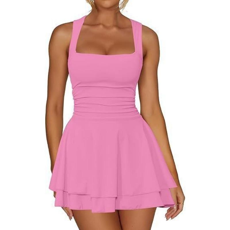 Fashion Sexy Square Collar Slim Waist Sleeveless Short Dress Women Elegant Solid Color Pleated A-line Party Mini Short Dress Casual Simple Clothing