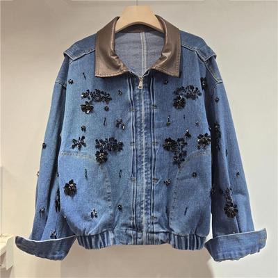 Winter Damen Jeansjacke 2025: Patchwork Colorblock mit 3D-Stickblumen und Pailletten.