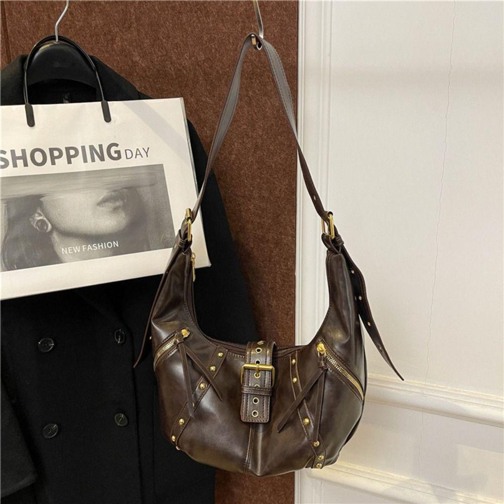 Oil Wax LeatherRetro American Style Locomotive Style Underarm Bag Y2K Shoulder Bag Travel