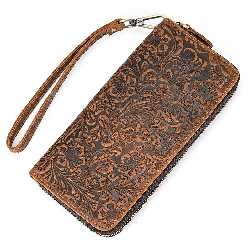 Retro Crazy Horse Leather Purse for Men Clutch Purse Double Zipper 24 Cards Clutches Vintage Woman Genuine Leather Long Wallet