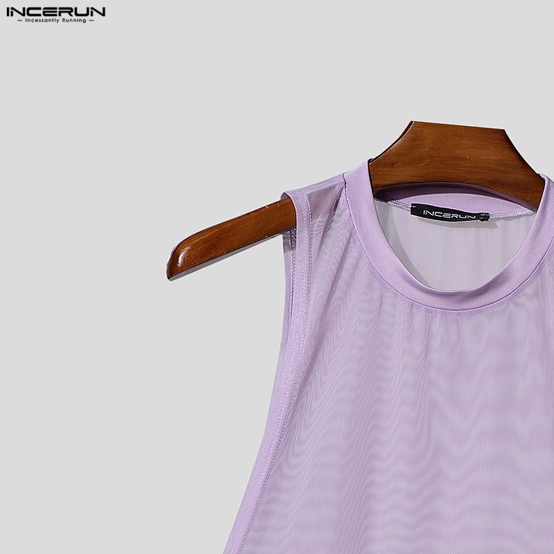INCERUN Men Summer Sleeveless Big Cuff Mesh Sheer See Through Loose Beach Tank Tops
