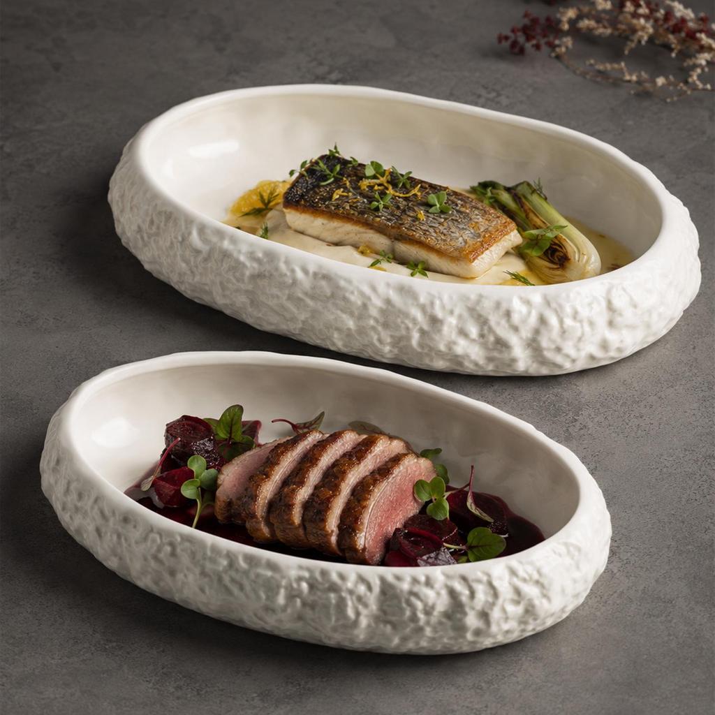 Nordic White Porcelain Oval Seafood and Vegetable Dish - Irregular Artistic Design