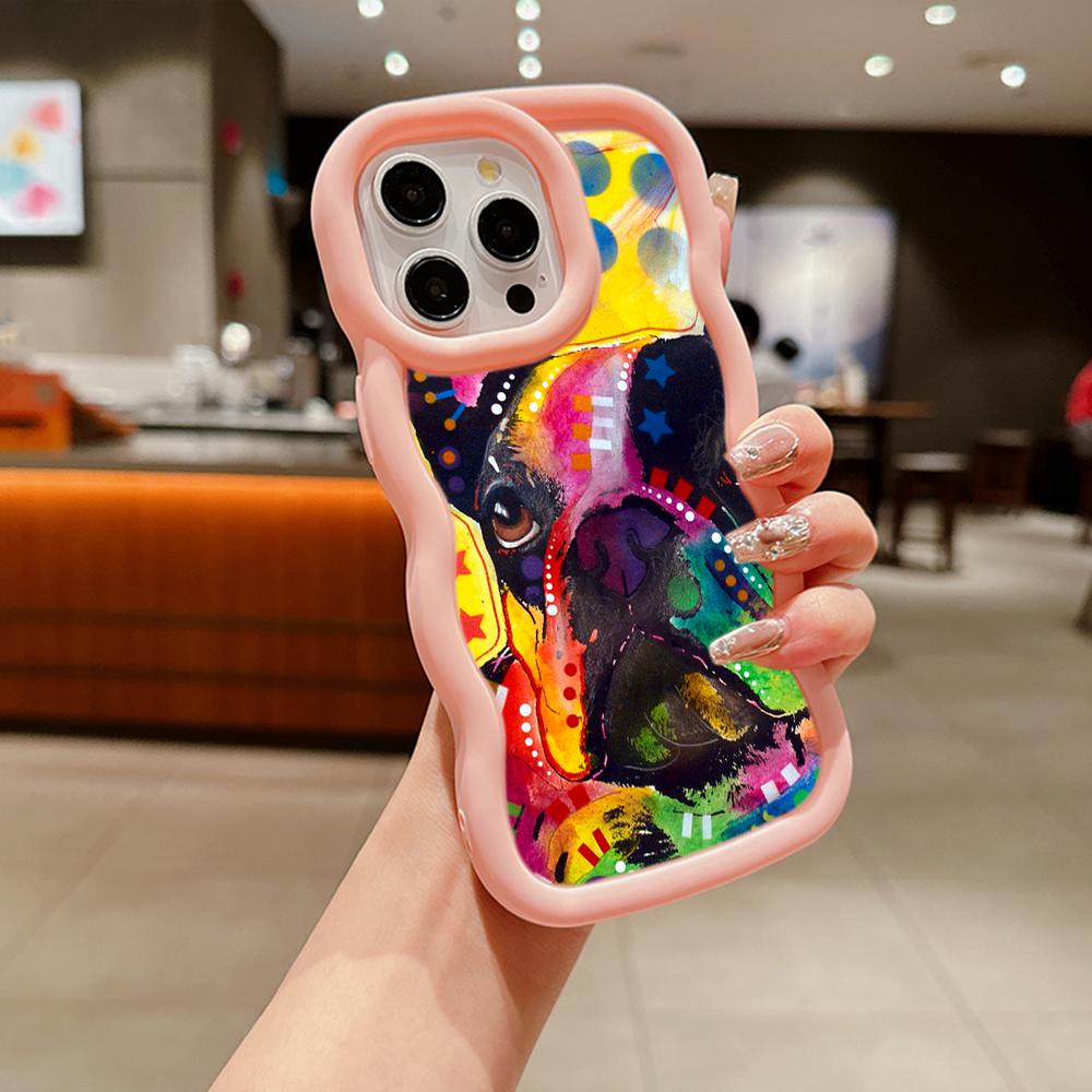 Macaron Big Wave Soft Phone Case for iPhone 11 12 13 14 15 Samsung A13 A14 A15 A24 A53 A54 A55 Xiaomi Redmi Note 13 12C Cover A44 French Bulldog Dog