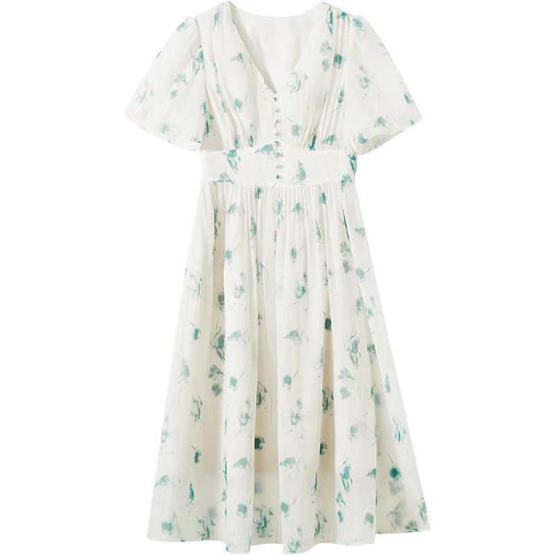 Chiffon Floral V-Neck Puff Sleeve Midi Dress S