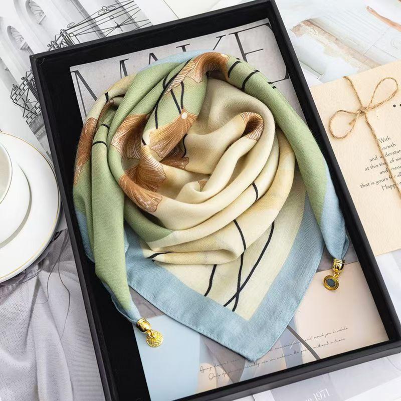 Womens Cotton Square Scarf With Magnetic Clasp Lightweight Winter Wrap Accessory Floral Print