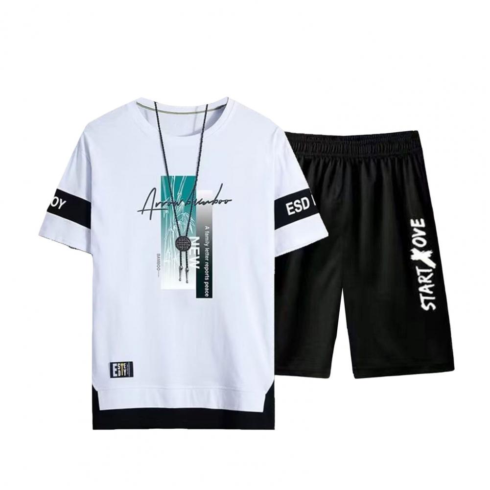 2Pcs/Collection Men Summer Outfit O-Neck Short Sleeve Letter Print T-shirt Elastic Waist Wide Leg Short Pants Collection Leisure Athletic Suit