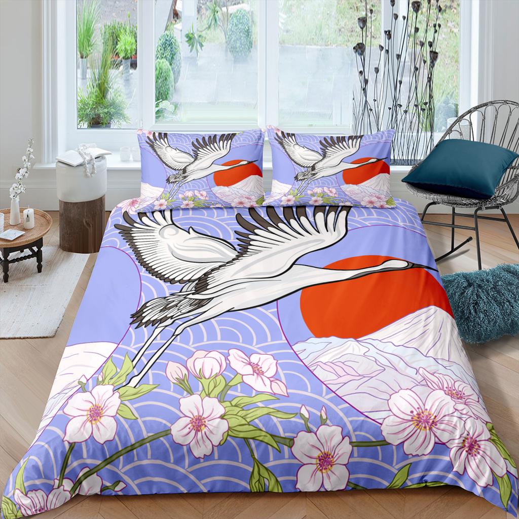 Japanese Crane Duvet Cover King Queen Size Wave Flower Ukiyo-E Style Bedding Set Eastern Culture 2/3Pcs Polyester Quilt Cover