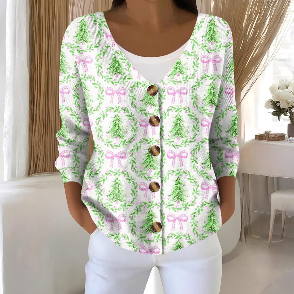 Women's Fashion Long Sleeve Christmas Snowman Snowflake Print Jacket Cardigan