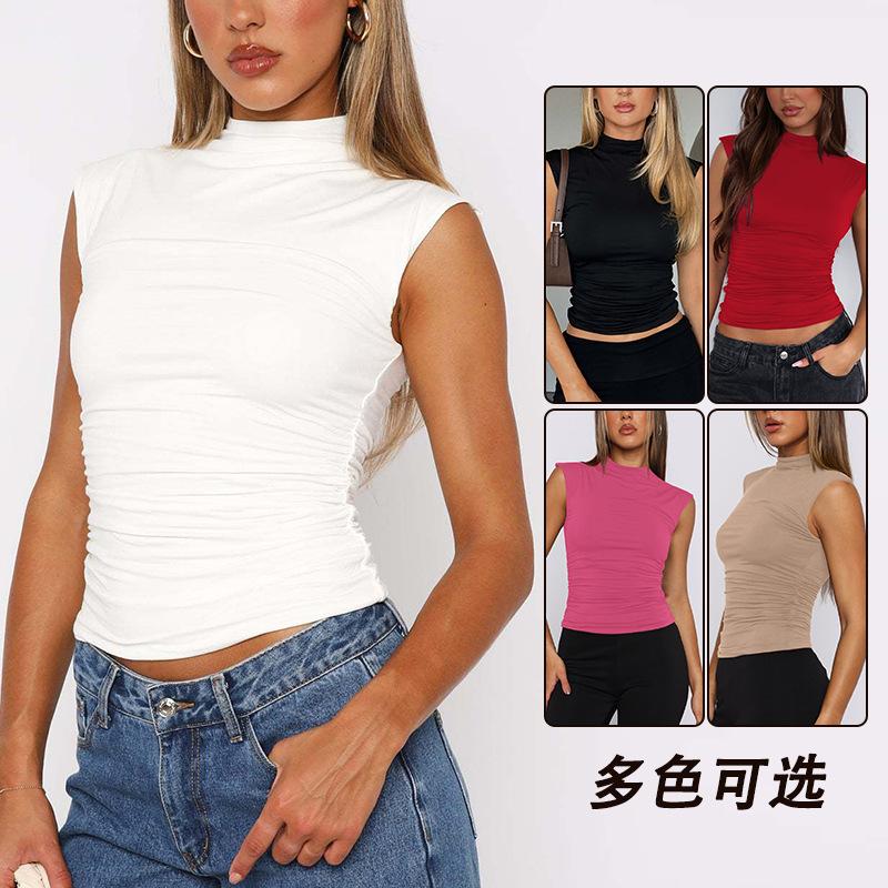Women White Mock Neck Ruched Sleeveless Slim Fitted Tank Top S белый