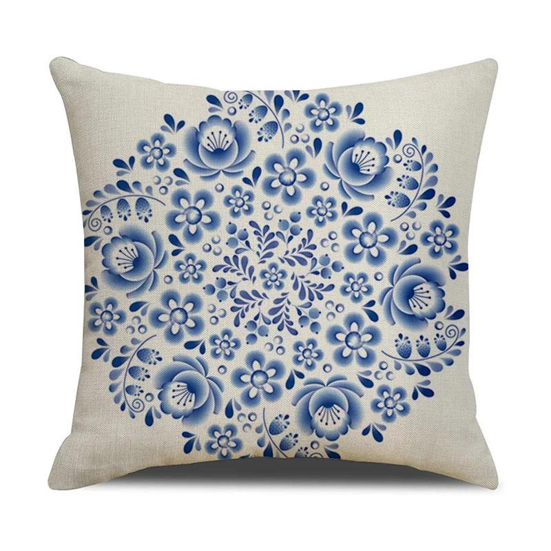 Chinese retro style blue and white ceramic printed fabric linen cotton throw pillow wrapped sofa home decoration pillow