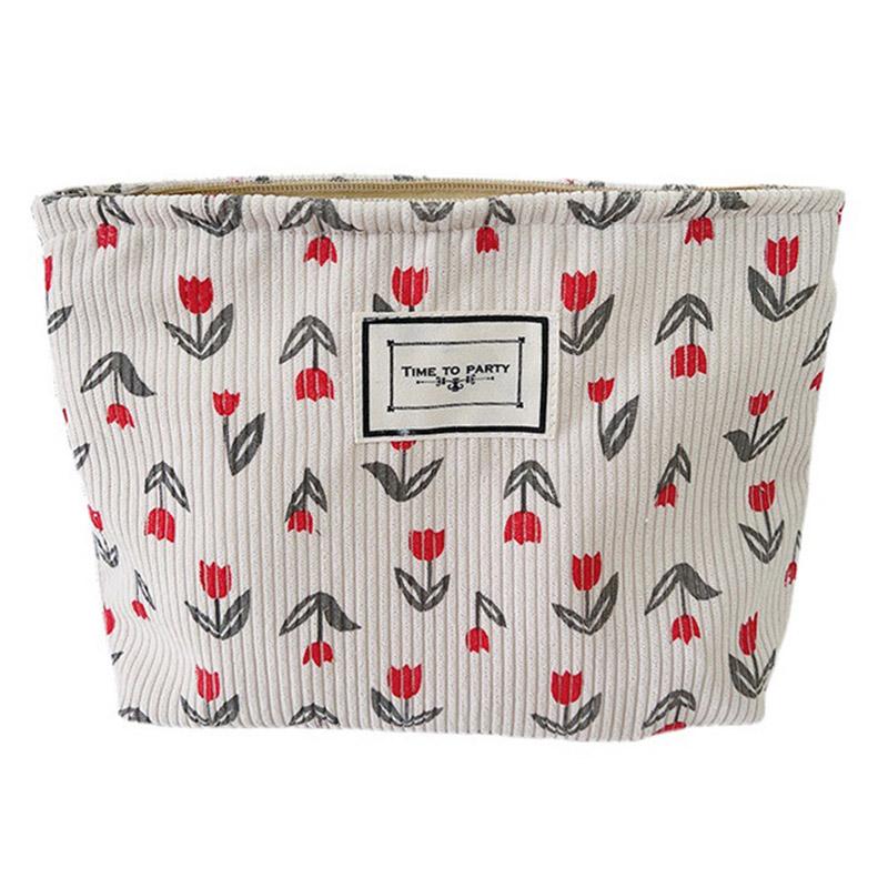 

Vintage Flower Pattern Portable Makeup Bag Corduroy Travel Toiletry Organizer Pouch Red