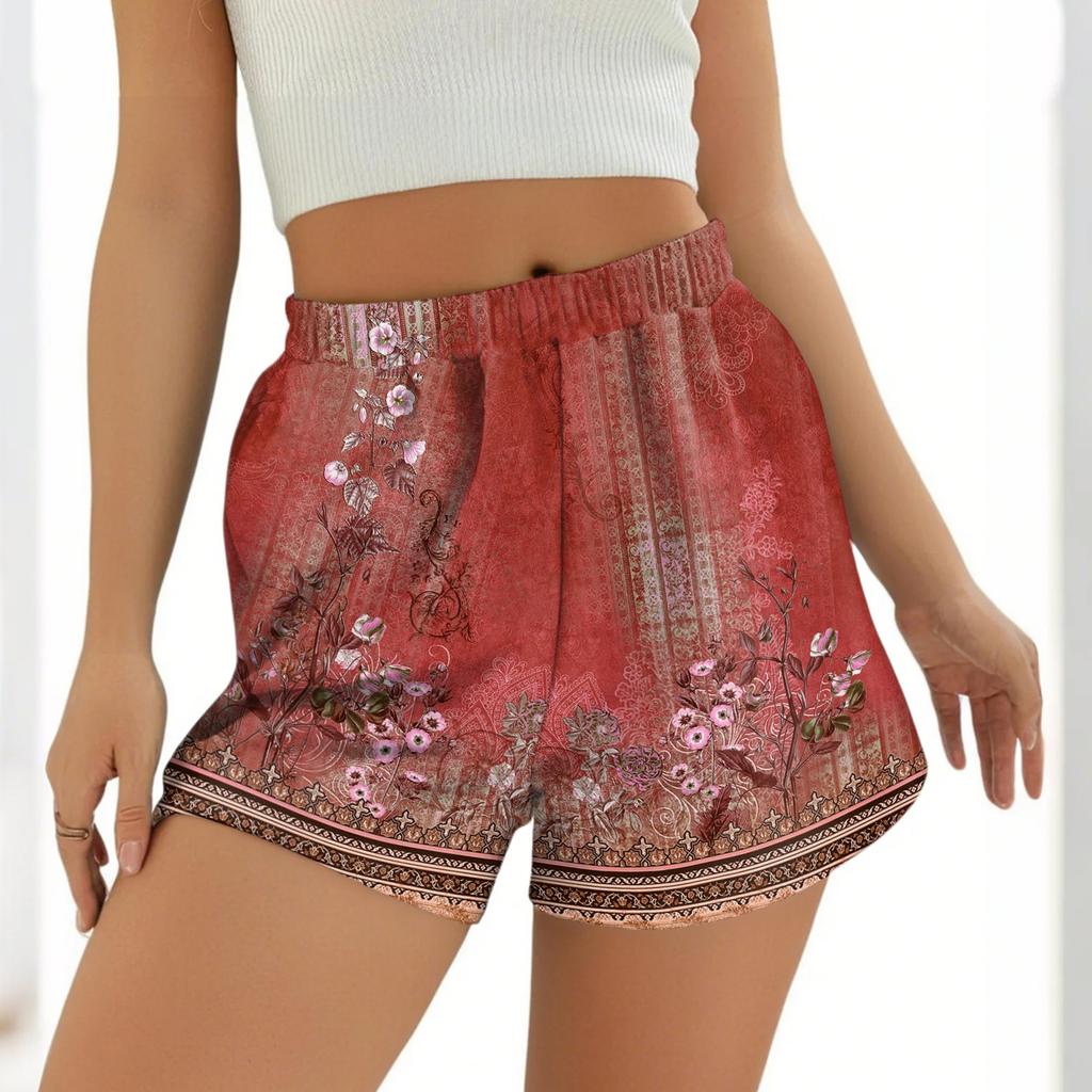 Ladies Casual Fashion High Waist Floral Elasticated Waist Shorts