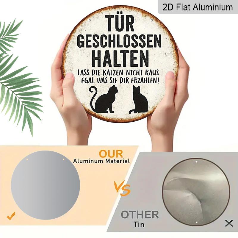 2D Flat, 1pc German "Keep Door Closed" Cat Warning Sign - German Text & Cat Silhouettes, Vintage-Modern Aluminum Door Hanger for Cat Owners, /Outdoor